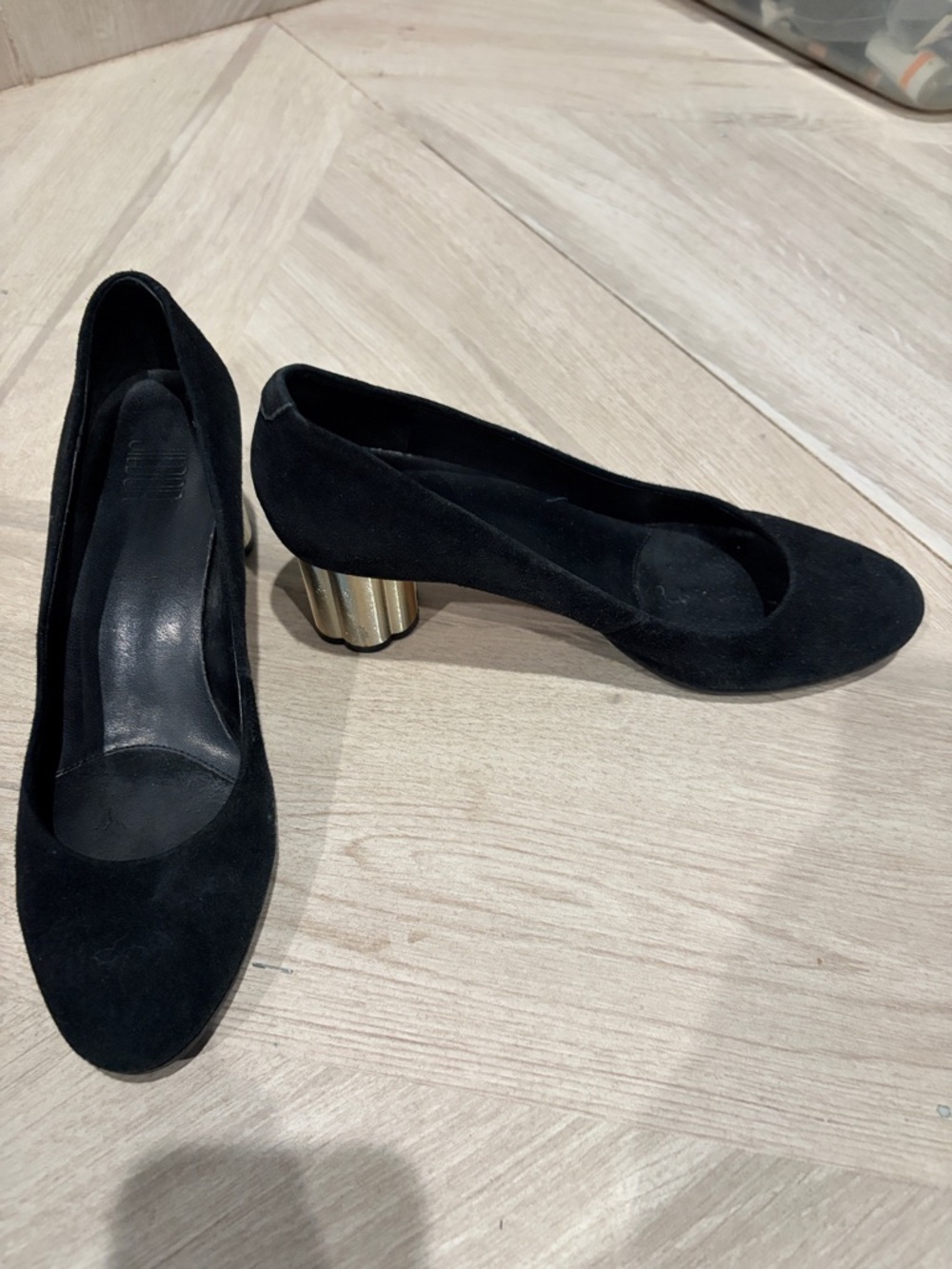 Black Suede Pumps with Gold Sculpted Heel